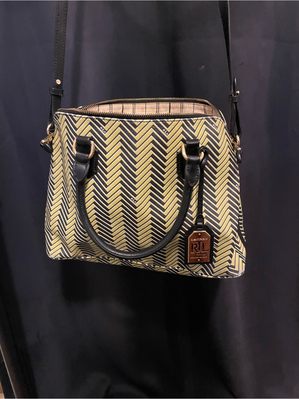 Ralph Lauren Yellow Chevron Satchel with Black Trim and RL Tag